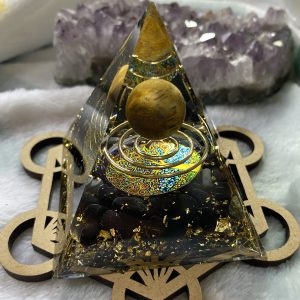 Pyramide orgonite oeil de tigre et obsidienne noire